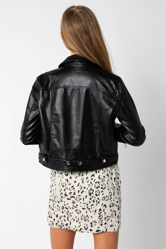 Olivaceouse vegan leather moto jacket